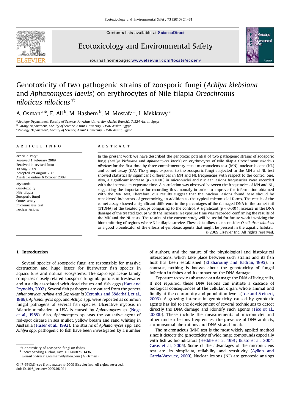 Genotoxicity of two pathogenic strains of zoosporic fungi (Achlya klebsiana and Aphanomyces laevis) on erythrocytes of Nile tilapia Oreochromis niloticus niloticus 