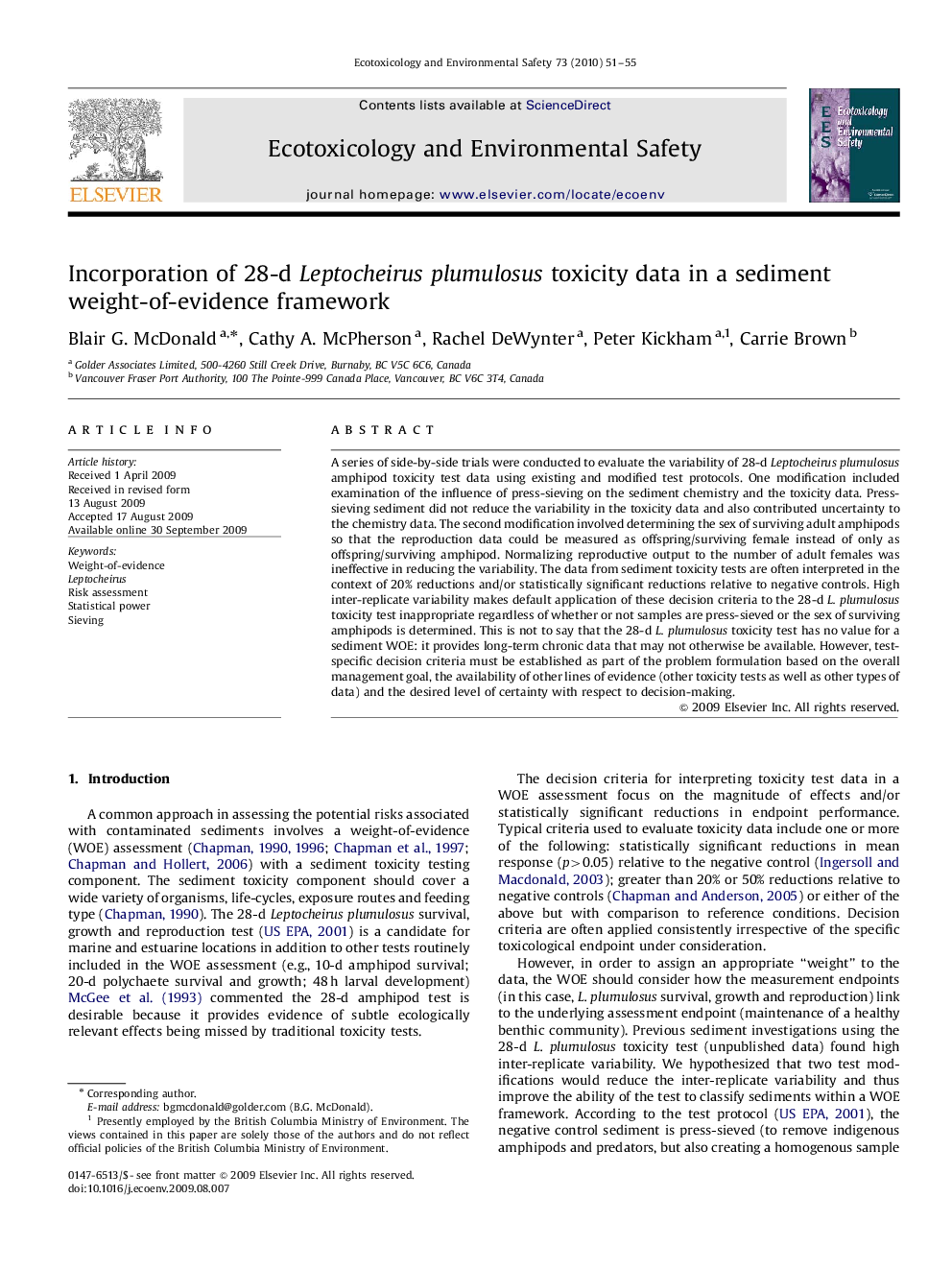 Incorporation of 28-d Leptocheirus plumulosus toxicity data in a sediment weight-of-evidence framework