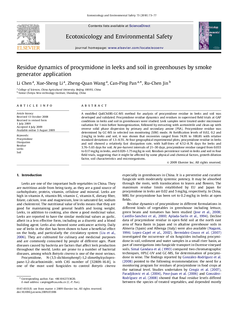 Residue dynamics of procymidone in leeks and soil in greenhouses by smoke generator application