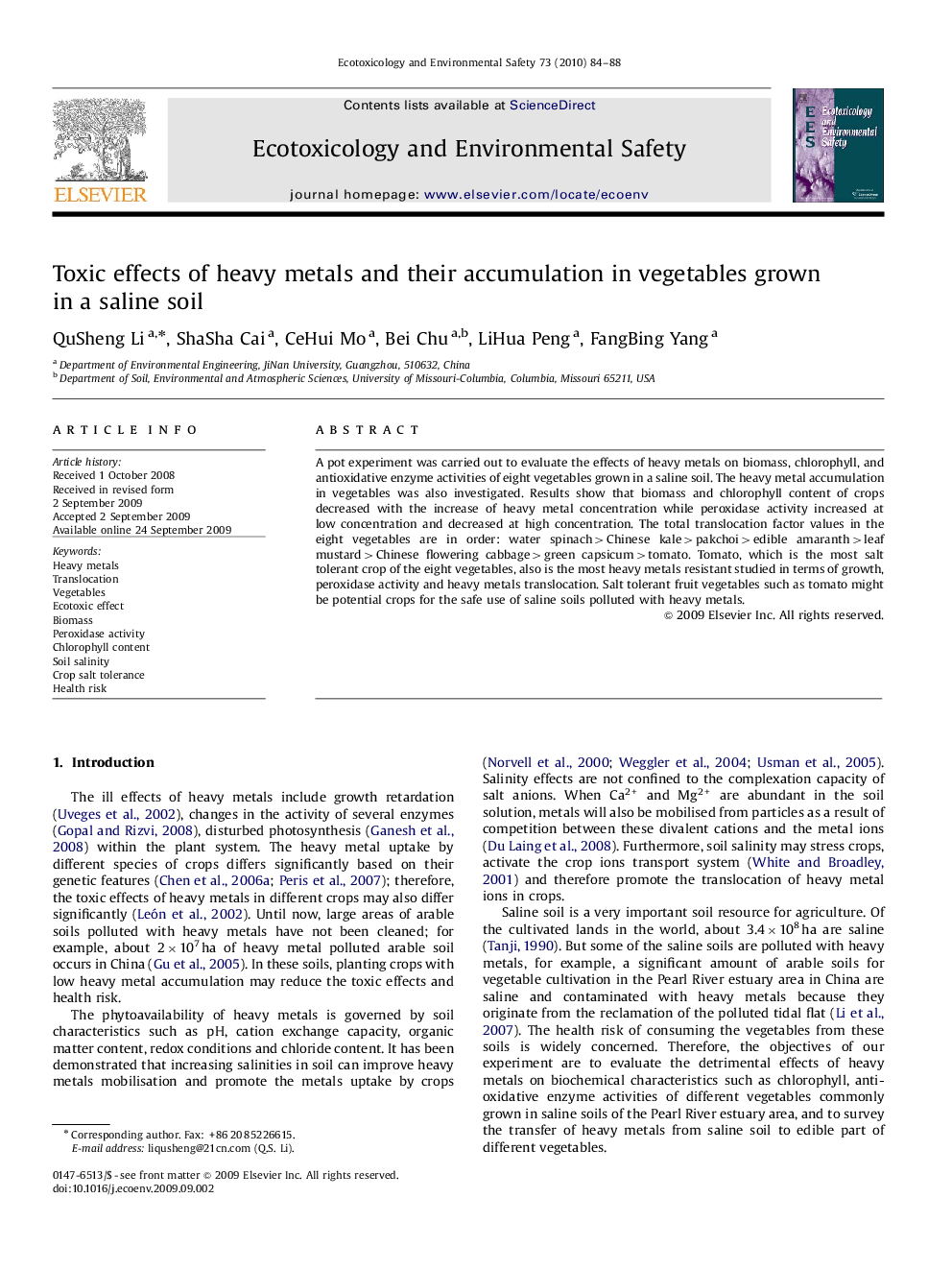 Toxic effects of heavy metals and their accumulation in vegetables grown in a saline soil