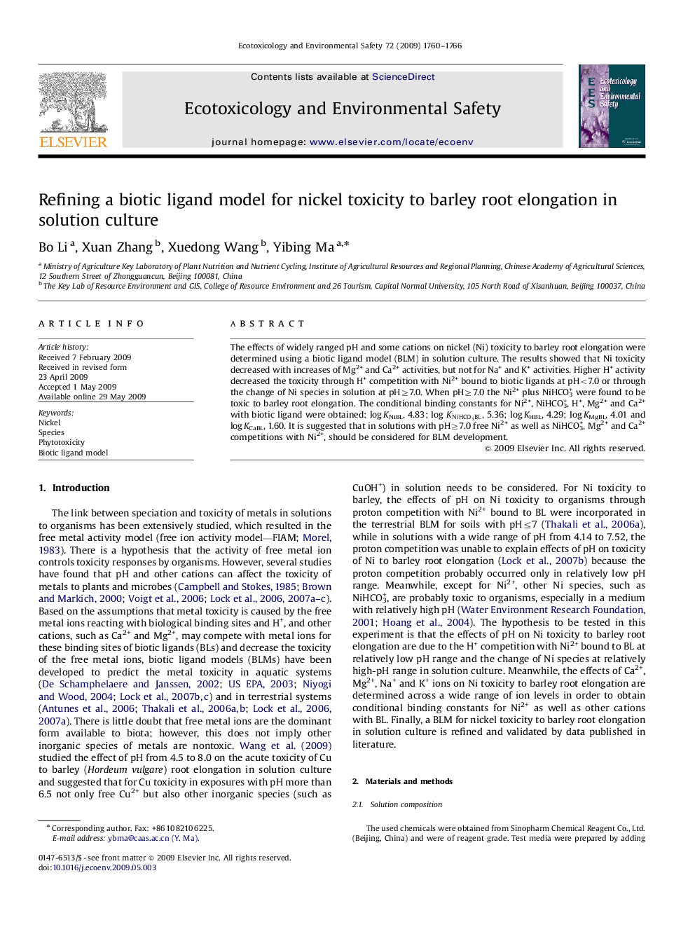 Refining a biotic ligand model for nickel toxicity to barley root elongation in solution culture