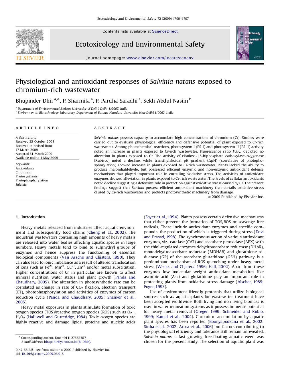 Physiological and antioxidant responses of Salvinia natans exposed to chromium-rich wastewater