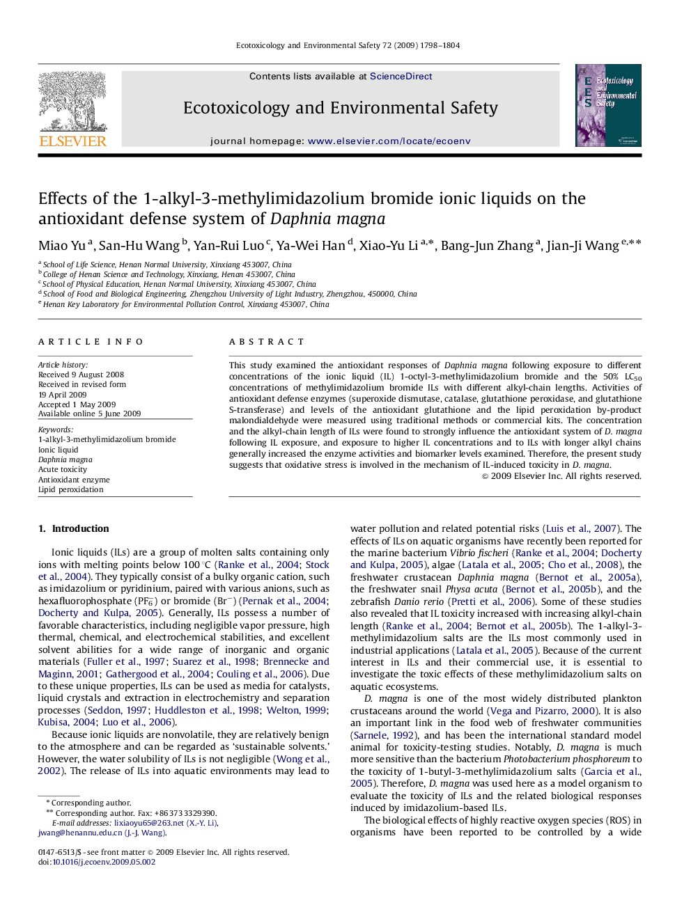 Effects of the 1-alkyl-3-methylimidazolium bromide ionic liquids on the antioxidant defense system of Daphnia magna