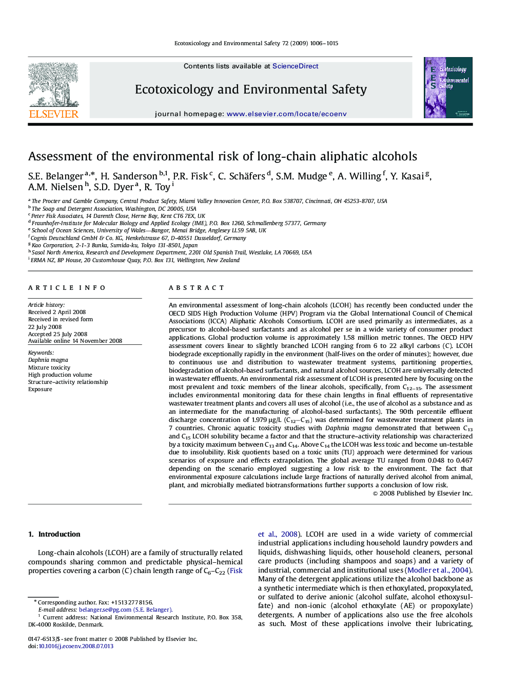 Assessment of the environmental risk of long-chain aliphatic alcohols