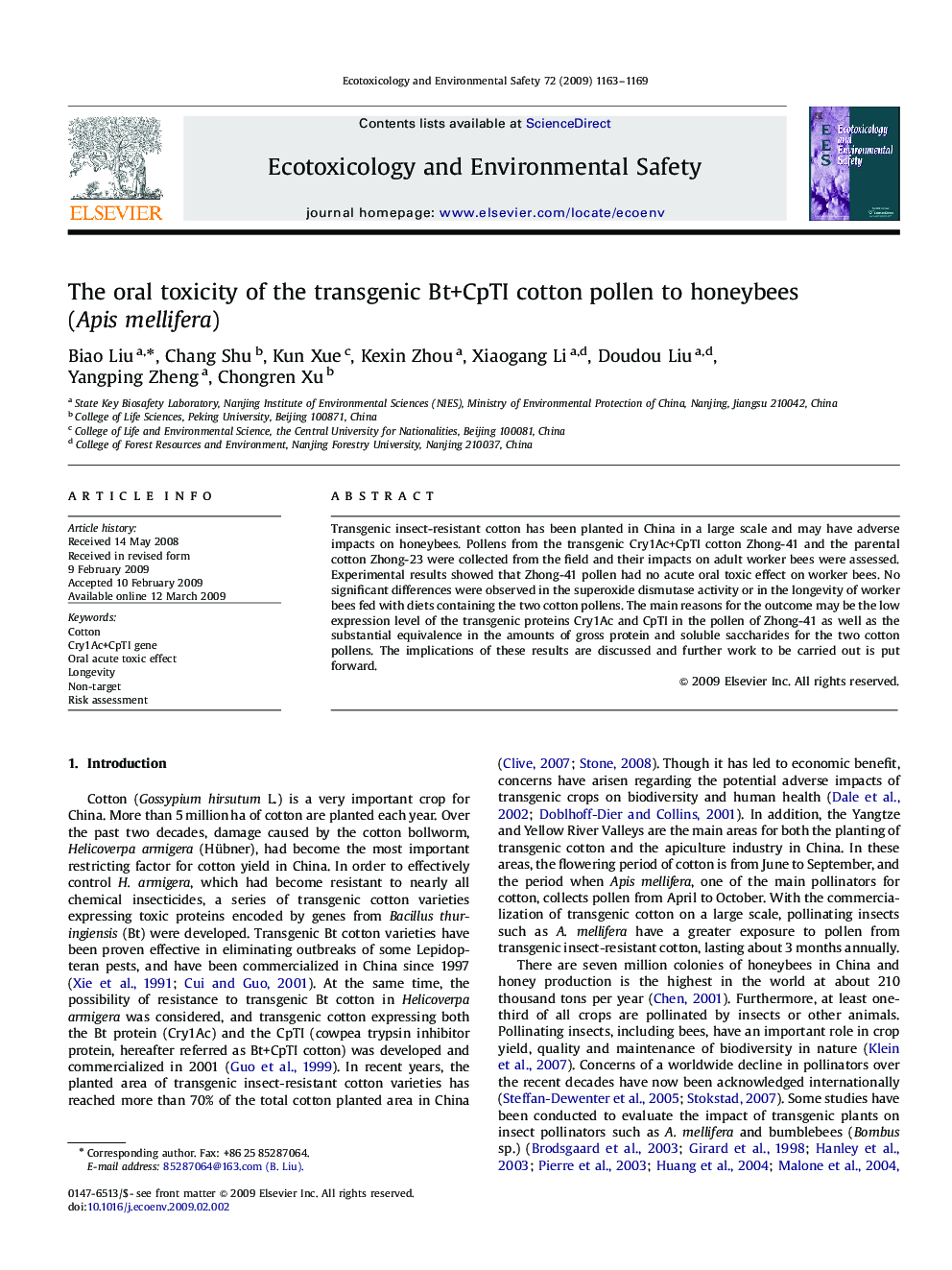 The oral toxicity of the transgenic Bt+CpTI cotton pollen to honeybees (Apis mellifera)