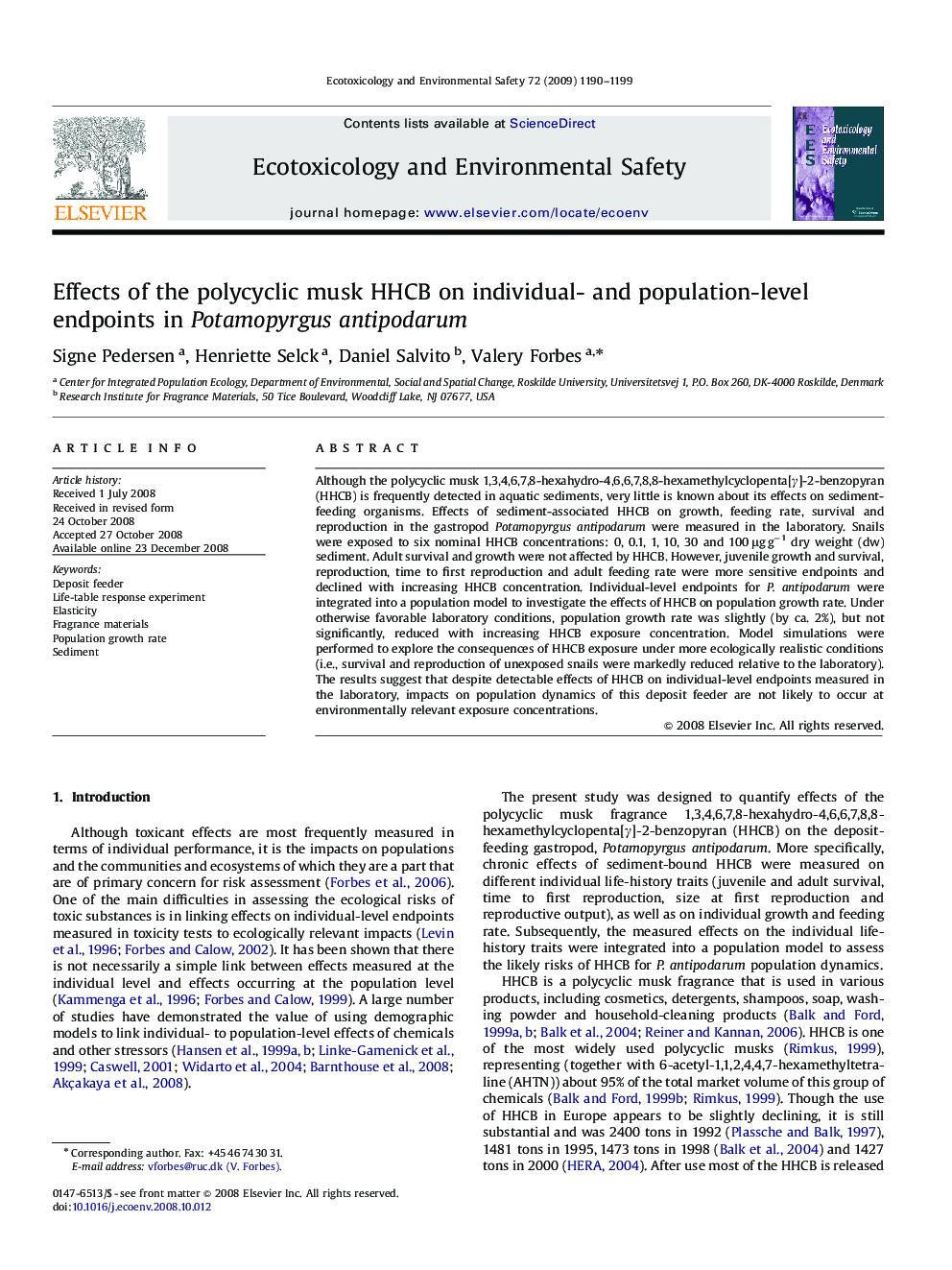 Effects of the polycyclic musk HHCB on individual- and population-level endpoints in Potamopyrgus antipodarum