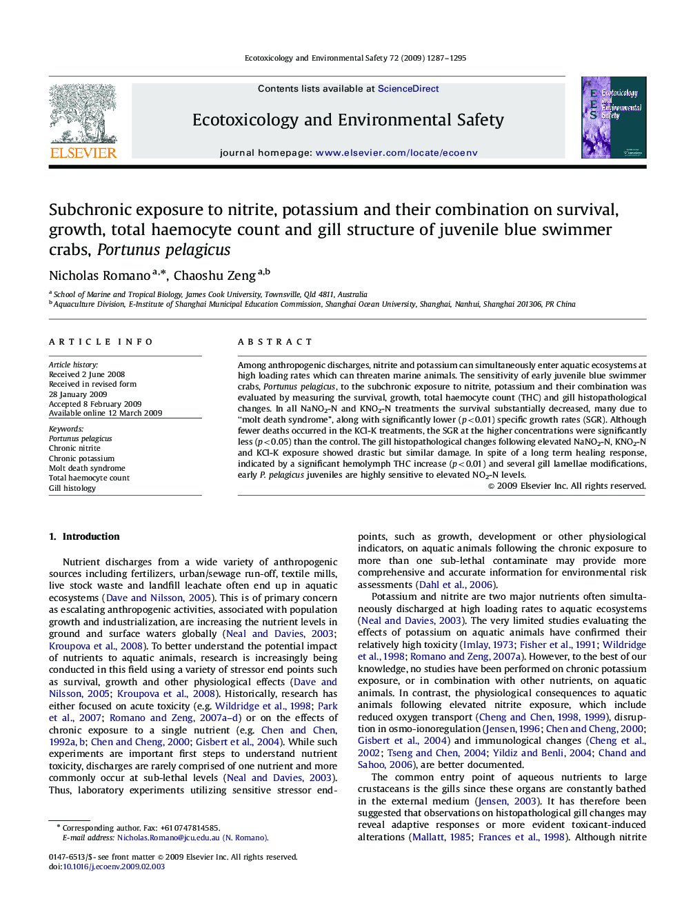 Subchronic exposure to nitrite, potassium and their combination on survival, growth, total haemocyte count and gill structure of juvenile blue swimmer crabs, Portunus pelagicus