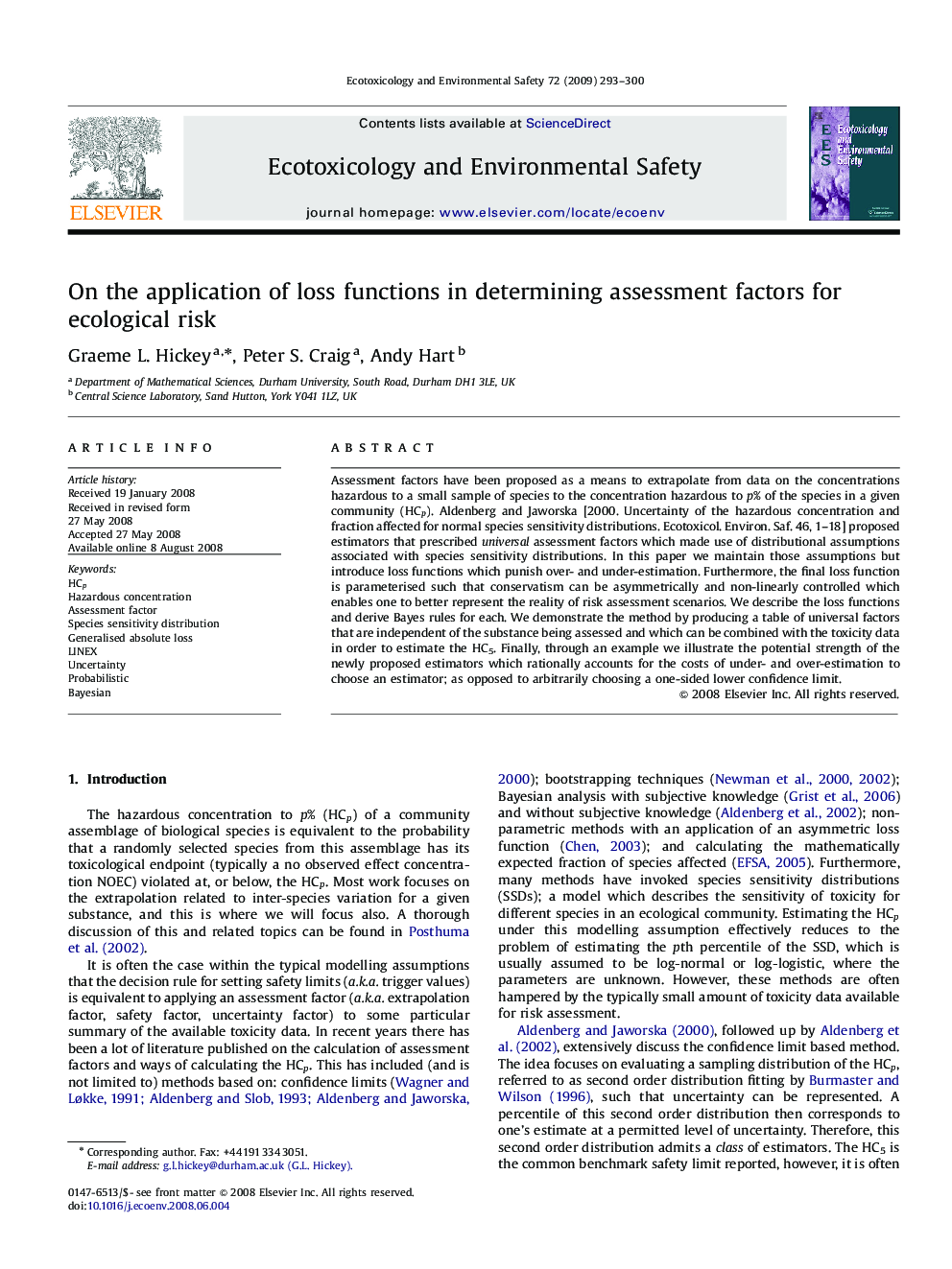 On the application of loss functions in determining assessment factors for ecological risk