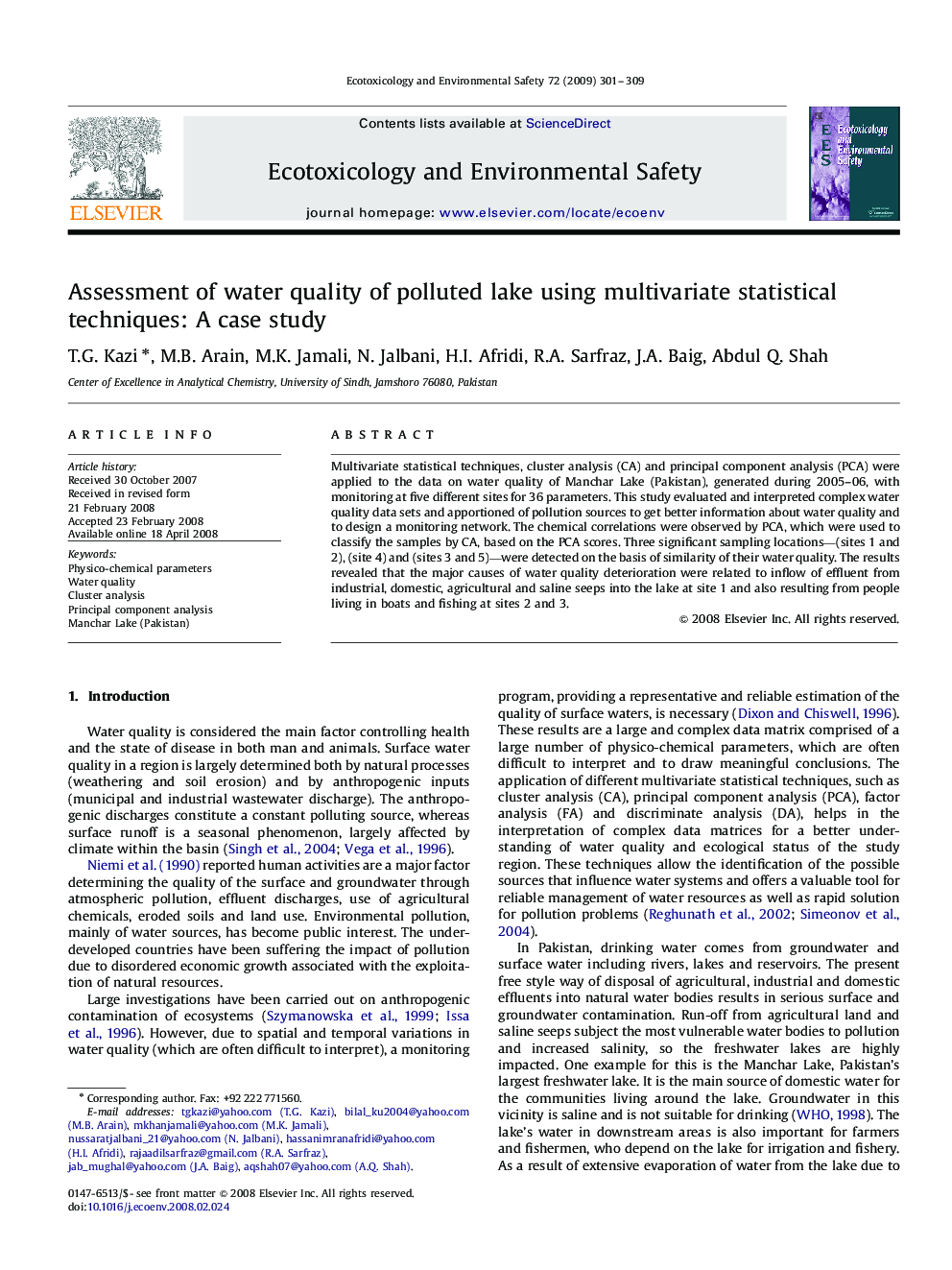 Assessment of water quality of polluted lake using multivariate statistical techniques: A case study