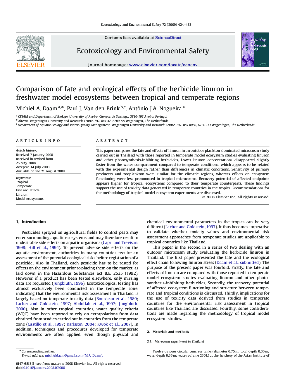 Comparison of fate and ecological effects of the herbicide linuron in freshwater model ecosystems between tropical and temperate regions