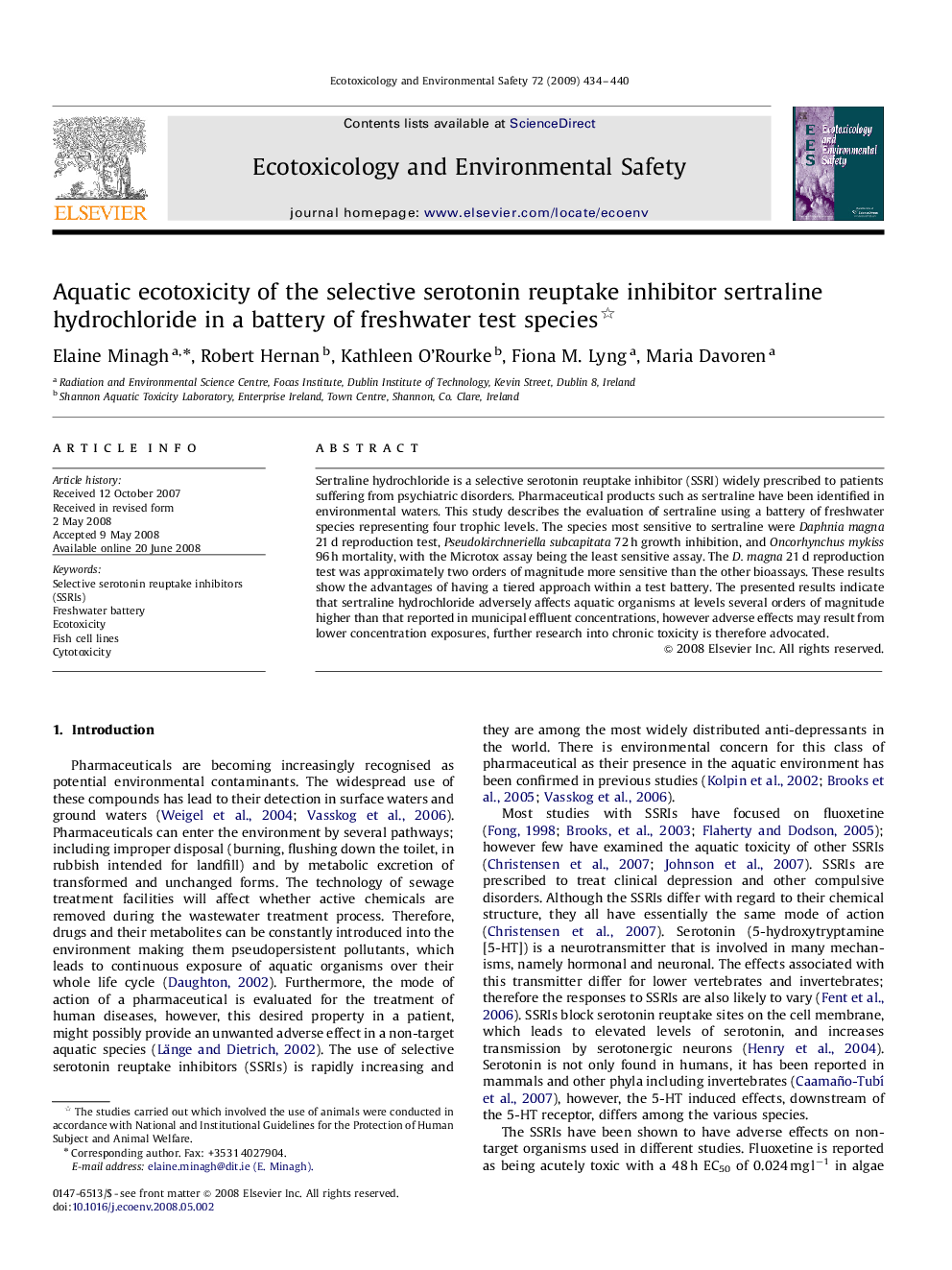 Aquatic ecotoxicity of the selective serotonin reuptake inhibitor sertraline hydrochloride in a battery of freshwater test species 