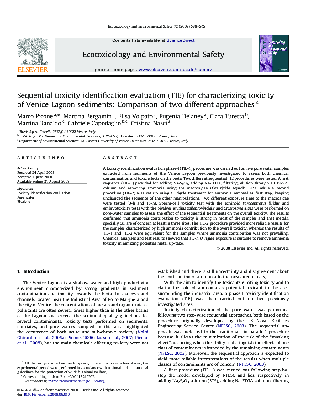 Sequential toxicity identification evaluation (TIE) for characterizing toxicity of Venice Lagoon sediments: Comparison of two different approaches 