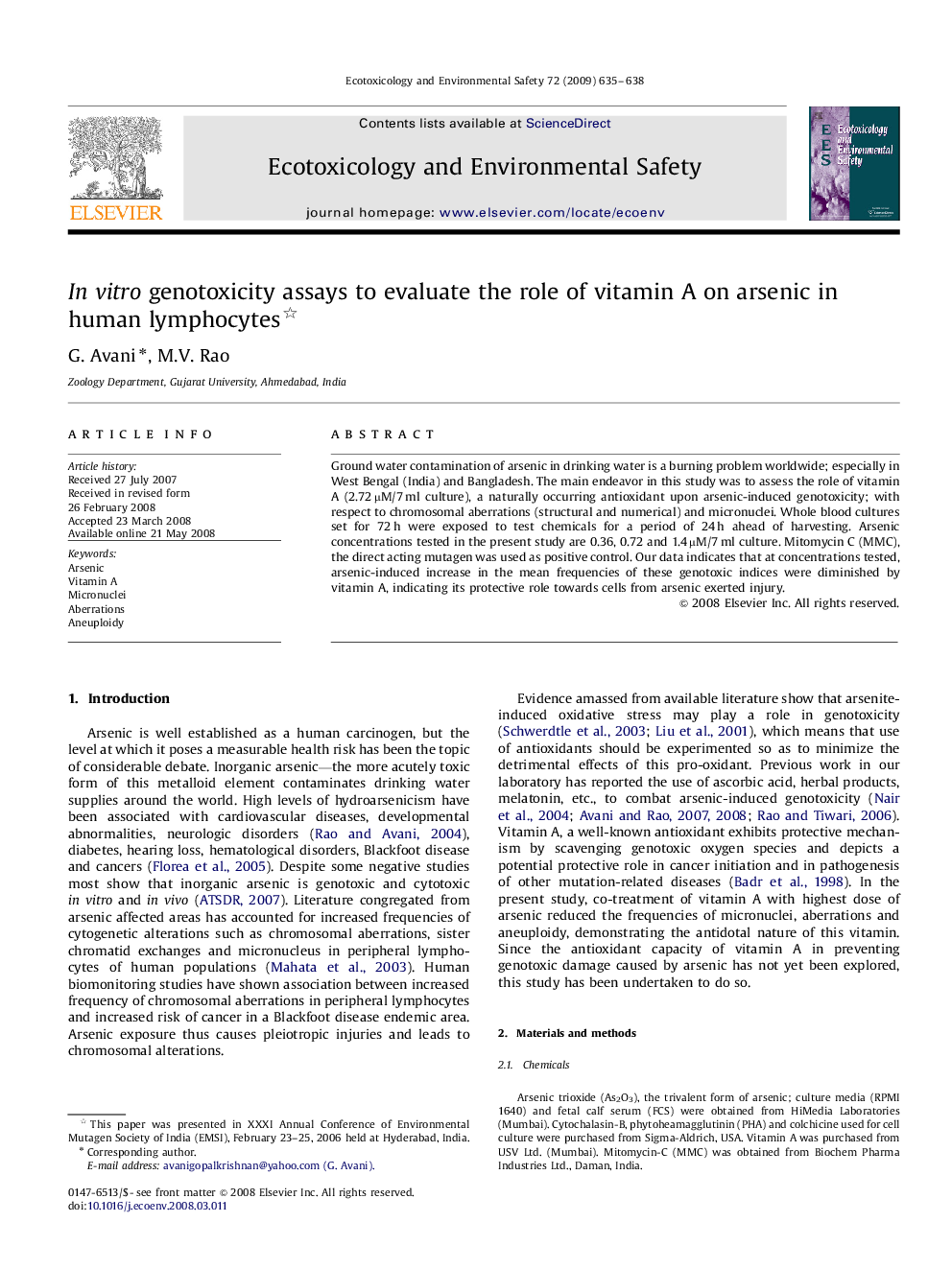 In vitro genotoxicity assays to evaluate the role of vitamin A on arsenic in human lymphocytes 