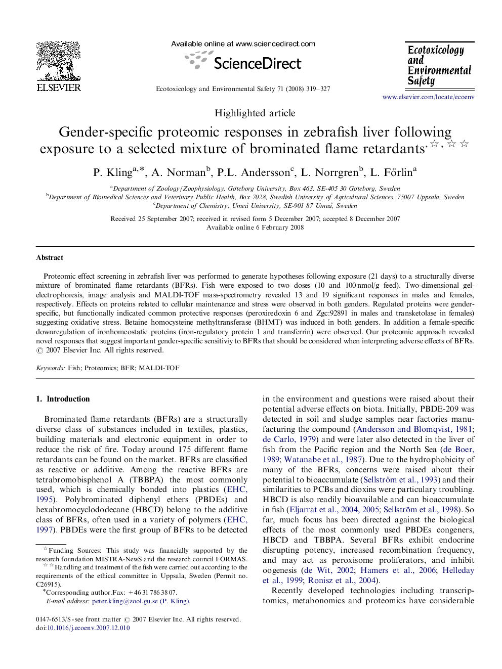 Gender-specific proteomic responses in zebrafish liver following exposure to a selected mixture of brominated flame retardants,