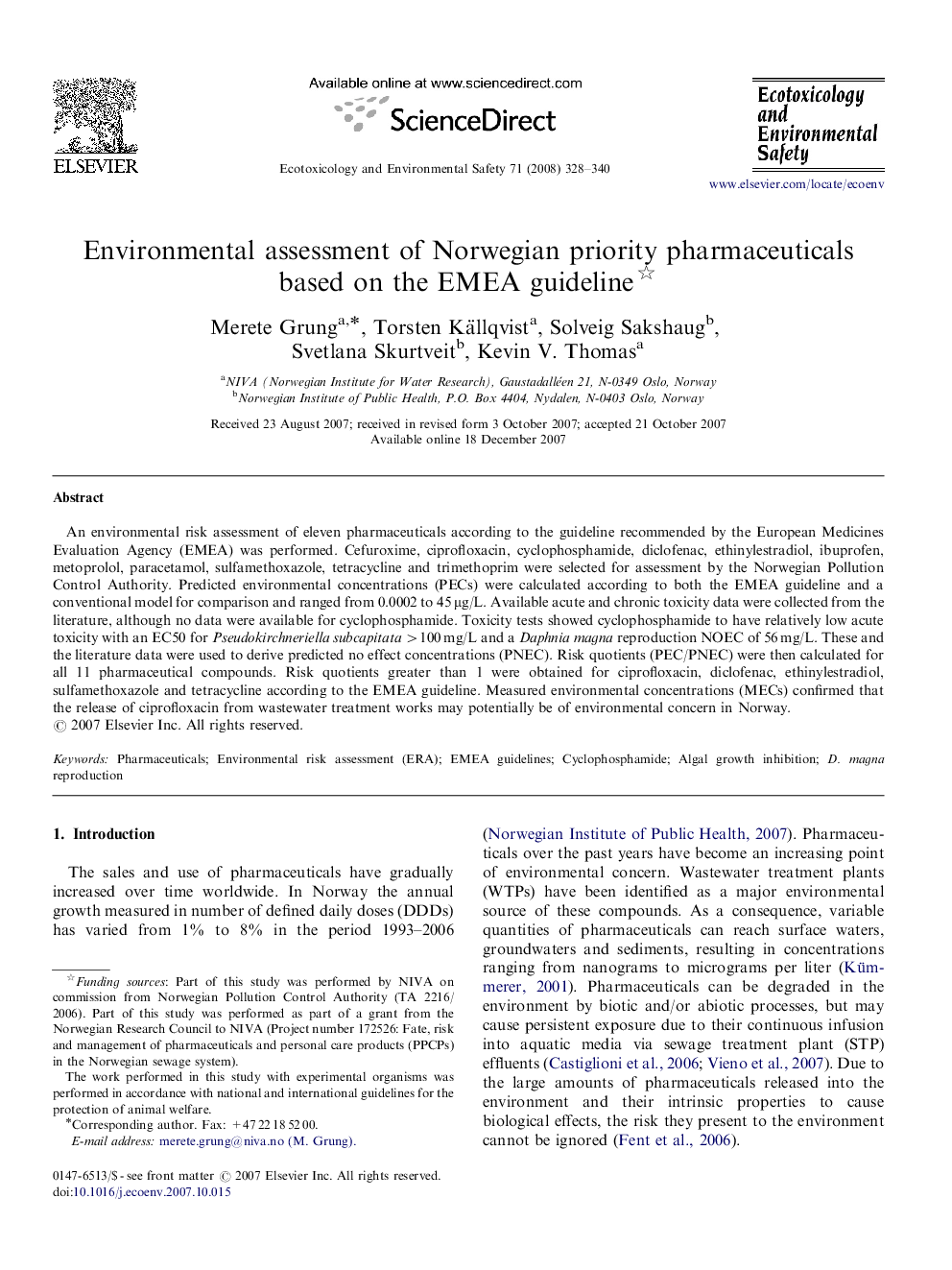 Environmental assessment of Norwegian priority pharmaceuticals based on the EMEA guideline 