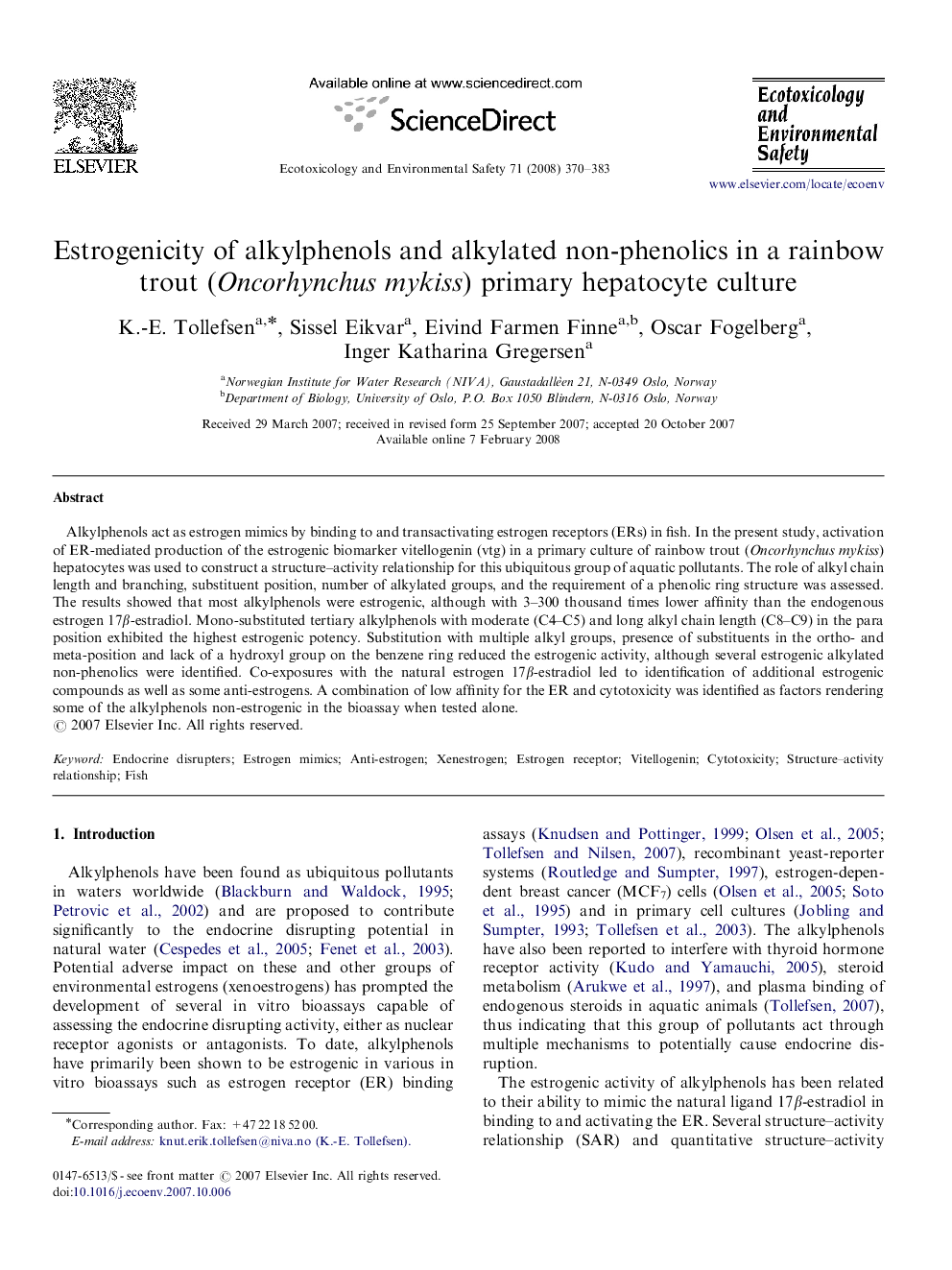 Estrogenicity of alkylphenols and alkylated non-phenolics in a rainbow trout (Oncorhynchus mykiss) primary hepatocyte culture