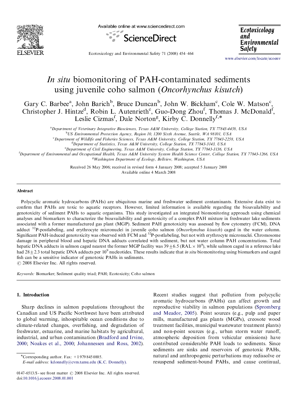 In situ biomonitoring of PAH-contaminated sediments using juvenile coho salmon (Oncorhynchus kisutch)