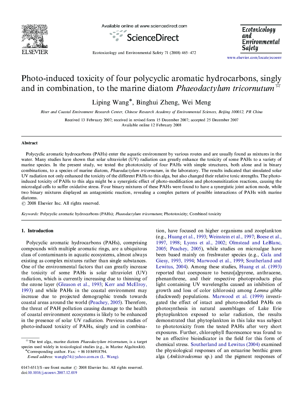 Photo-induced toxicity of four polycyclic aromatic hydrocarbons, singly and in combination, to the marine diatom Phaeodactylum tricornutum 