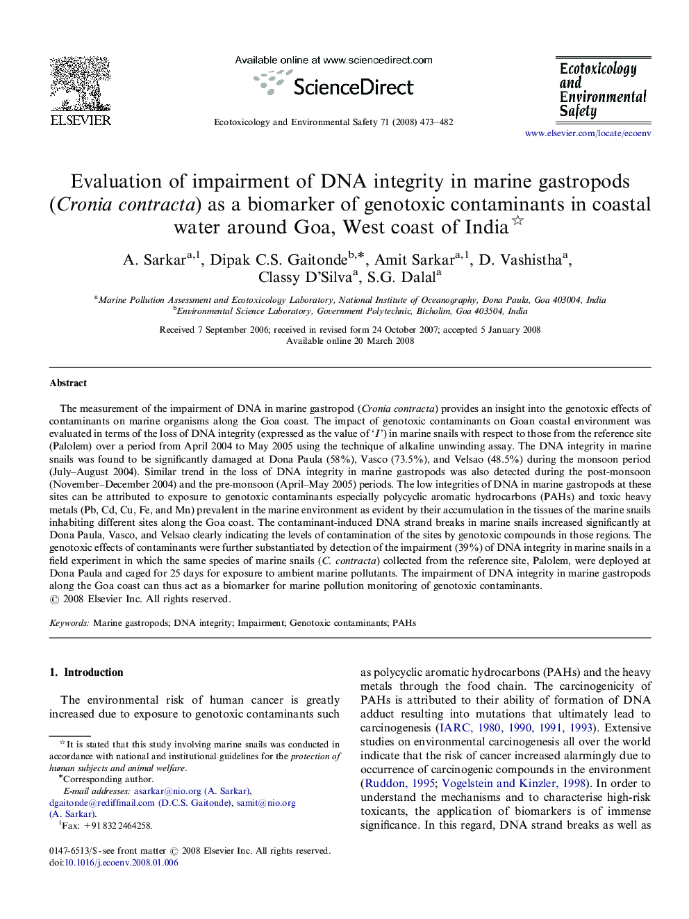 Evaluation of impairment of DNA integrity in marine gastropods (Cronia contracta) as a biomarker of genotoxic contaminants in coastal water around Goa, West coast of India 