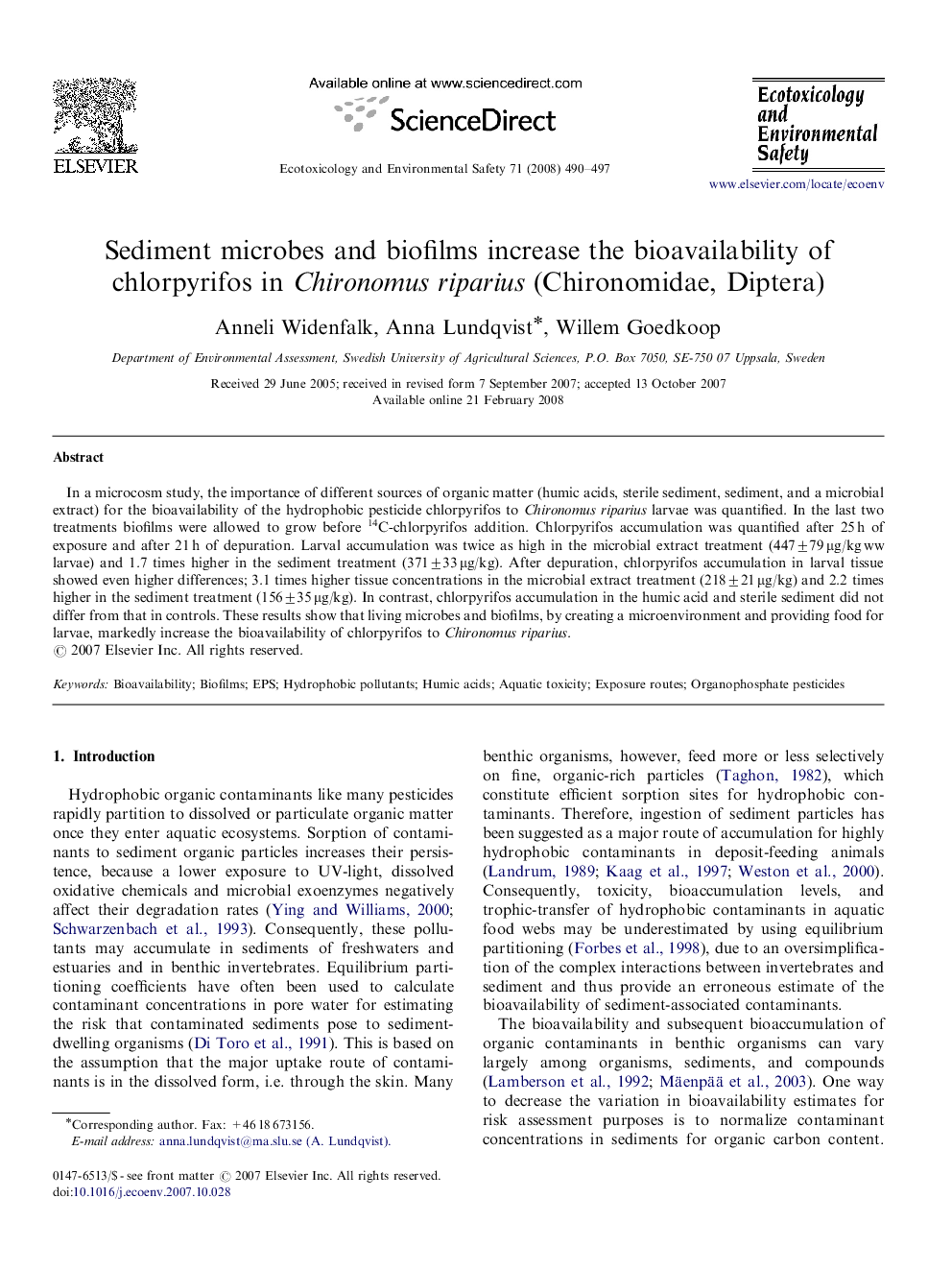 Sediment microbes and biofilms increase the bioavailability of chlorpyrifos in Chironomus riparius (Chironomidae, Diptera)