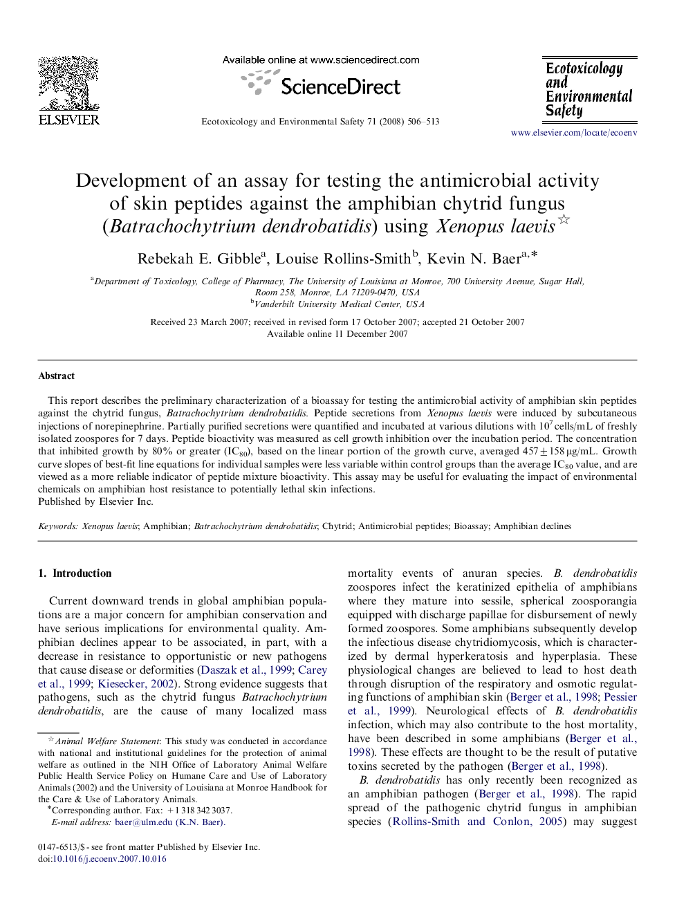 Development of an assay for testing the antimicrobial activity of skin peptides against the amphibian chytrid fungus (Batrachochytrium dendrobatidis) using Xenopus laevis 