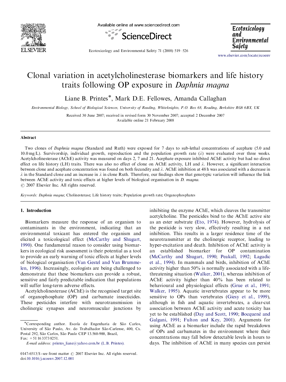 Clonal variation in acetylcholinesterase biomarkers and life history traits following OP exposure in Daphnia magna