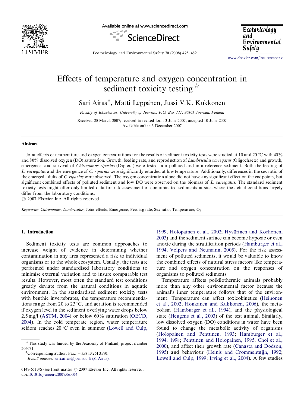 Effects of temperature and oxygen concentration in sediment toxicity testing 