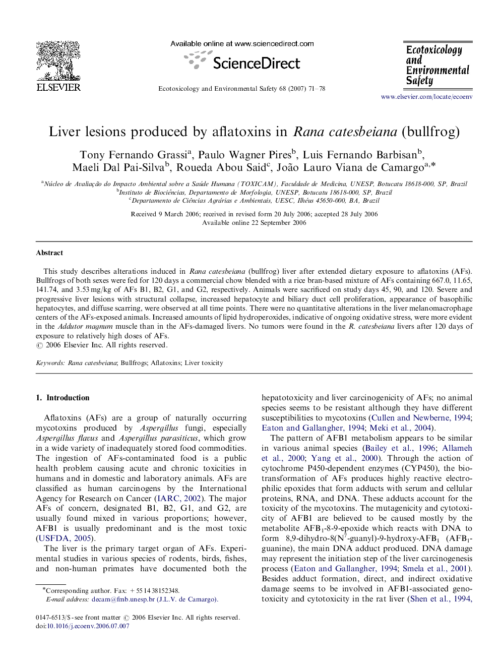 Liver lesions produced by aflatoxins in Rana catesbeiana (bullfrog)