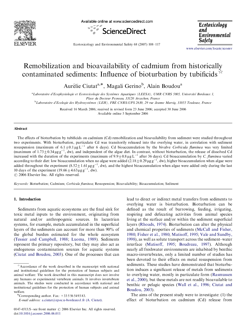 Remobilization and bioavailability of cadmium from historically contaminated sediments: Influence of bioturbation by tubificids 