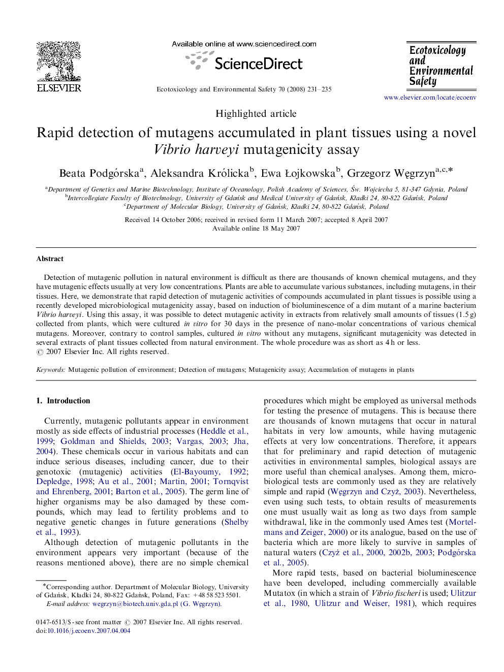 Rapid detection of mutagens accumulated in plant tissues using a novel Vibrio harveyi mutagenicity assay