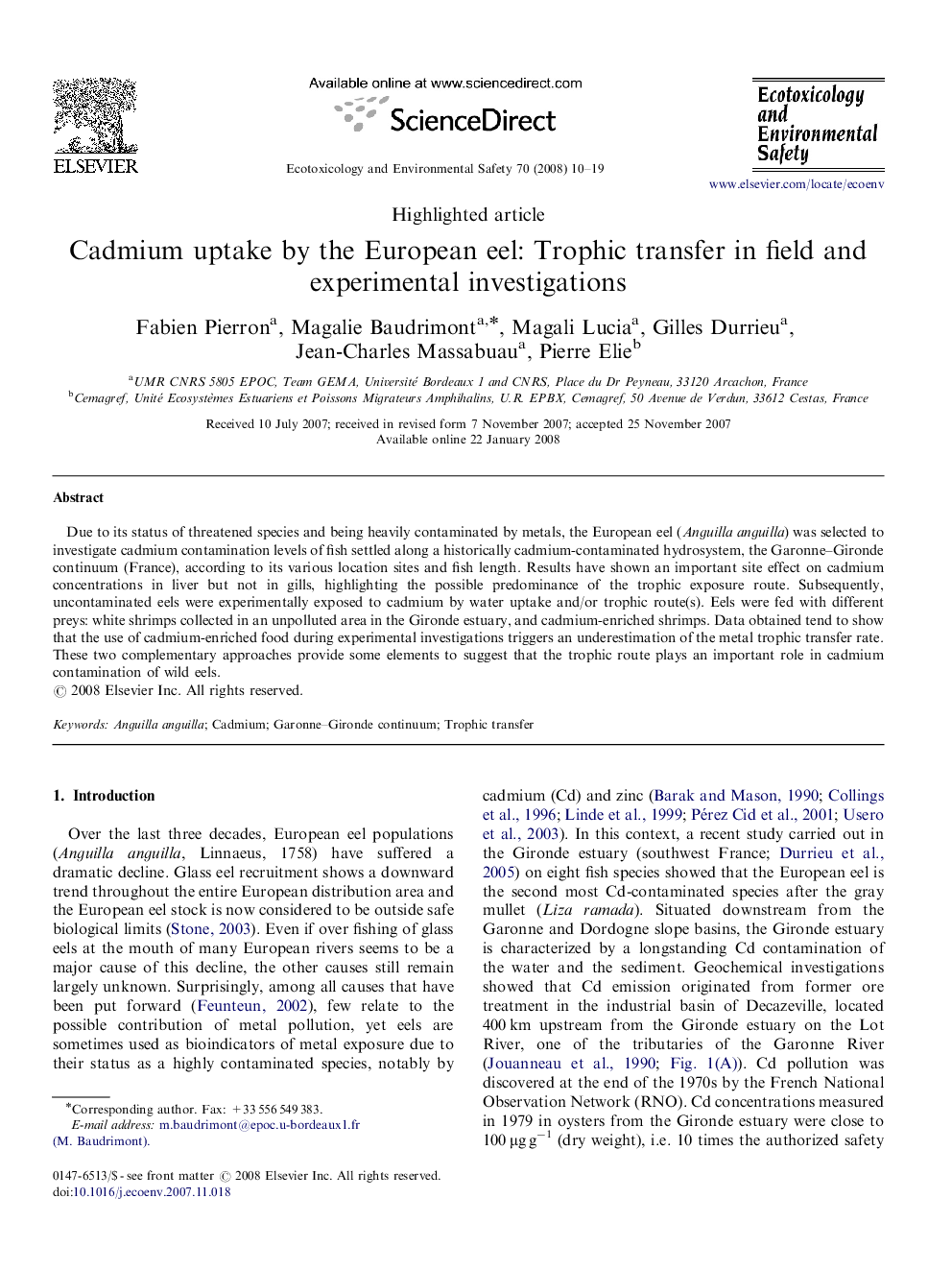 Cadmium uptake by the European eel: Trophic transfer in field and experimental investigations