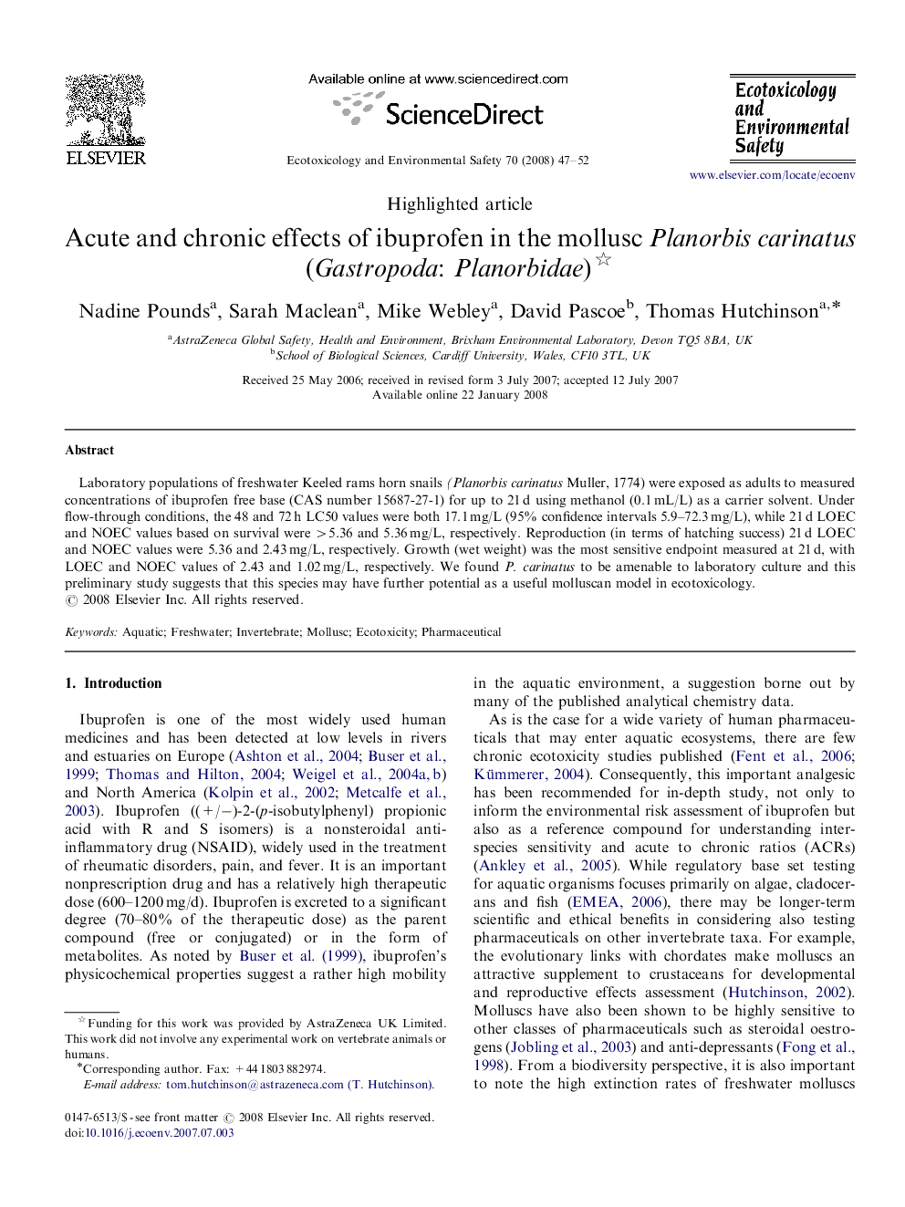 Acute and chronic effects of ibuprofen in the mollusc Planorbis carinatus (Gastropoda: Planorbidae) 