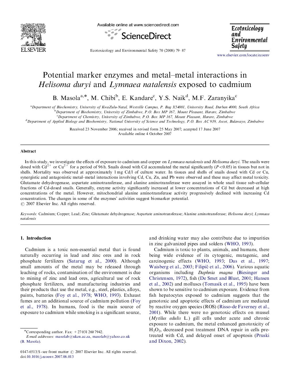 عکس صفحه اول مقاله: Potential marker enzymes and metal–metal interactions in Helisoma duryi and Lymnaea natalensis exposed to cadmium Potential marker enzymes and metal–metal interactions in Helisoma duryi and Lymnaea natalensis exposed to cadmium