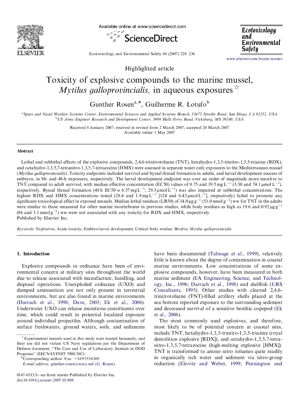 Toxicity of explosive compounds to the marine mussel, Mytilus galloprovincialis, in aqueous exposures 