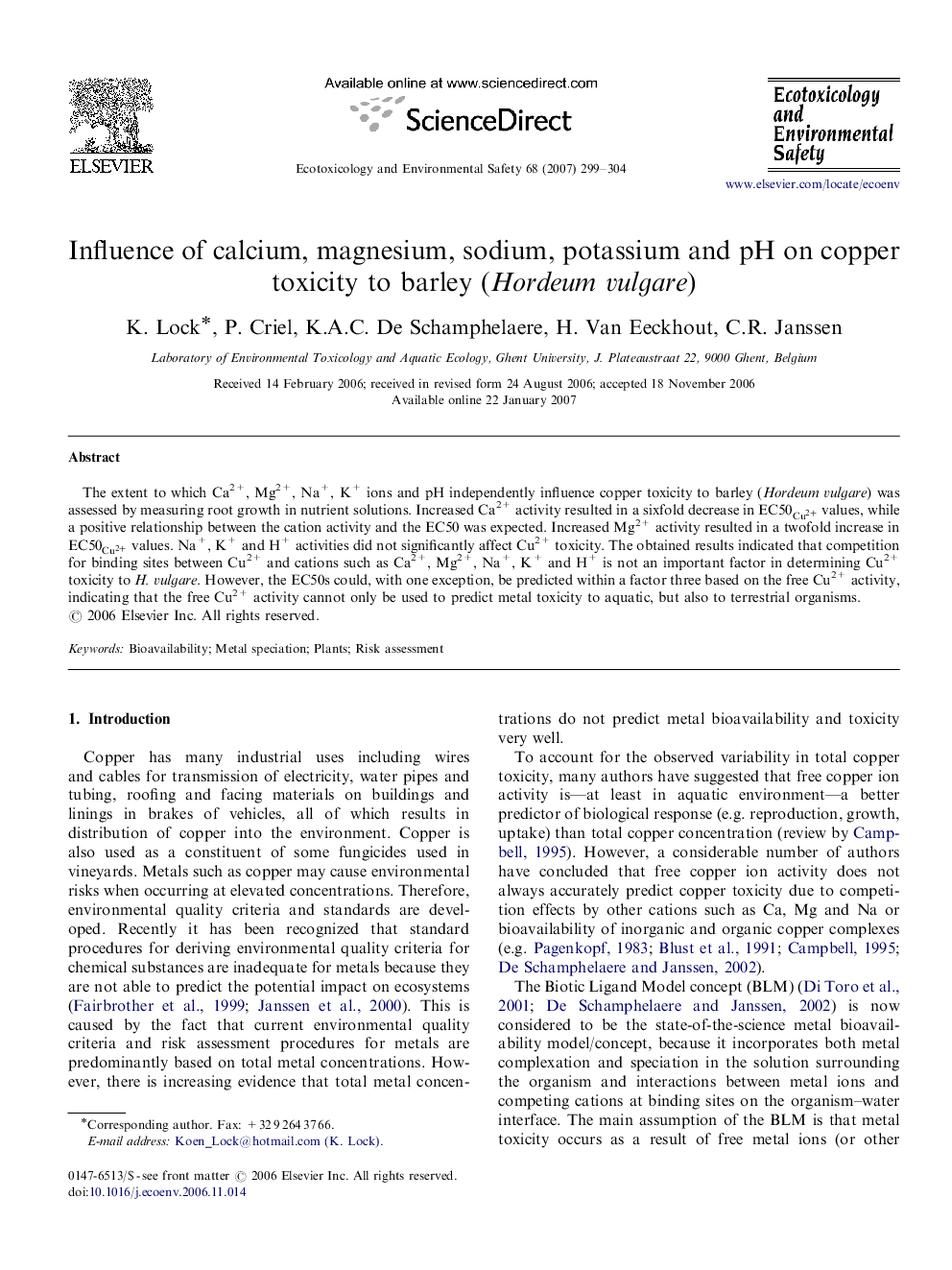 Influence of calcium, magnesium, sodium, potassium and pH on copper toxicity to barley (Hordeum vulgare)