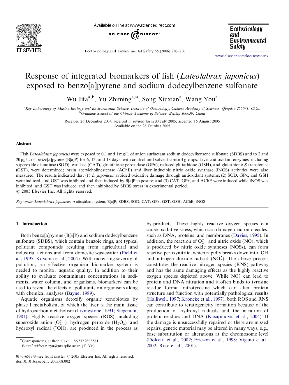 Response of integrated biomarkers of fish (Lateolabrax japonicus) exposed to benzo[a]pyrene and sodium dodecylbenzene sulfonate