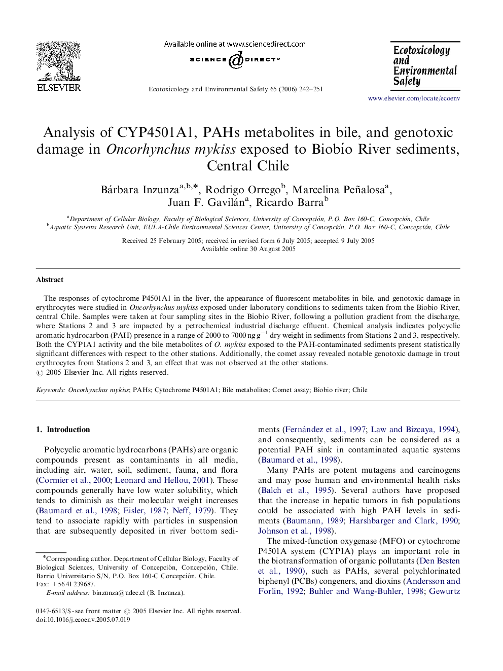 Analysis of CYP4501A1, PAHs metabolites in bile, and genotoxic damage in Oncorhynchus mykiss exposed to Biobío River sediments, Central Chile