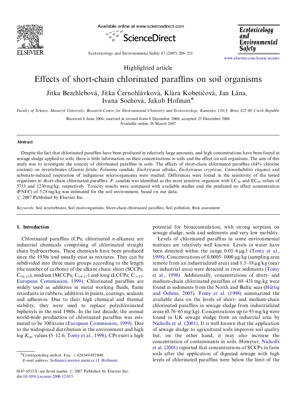 Effects of short-chain chlorinated paraffins on soil organisms