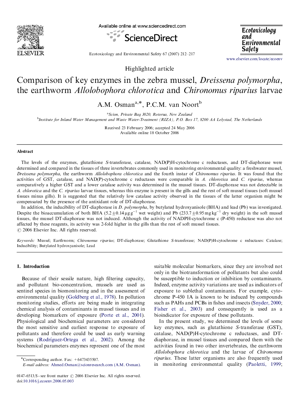 Comparison of key enzymes in the zebra mussel, Dreissena polymorpha, the earthworm Allolobophora chlorotica and Chironomus riparius larvae