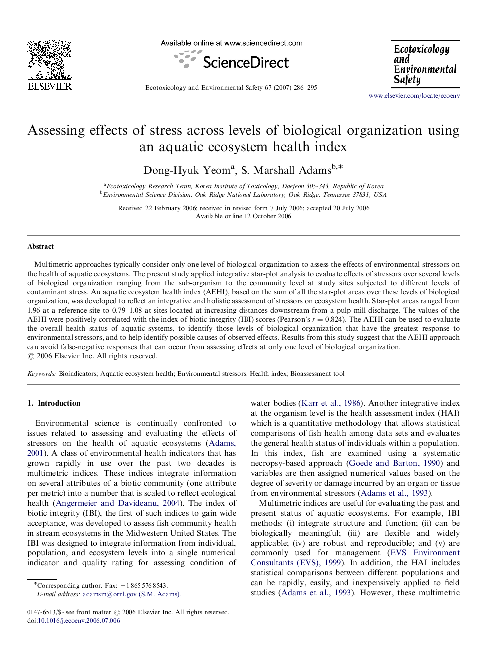 Assessing effects of stress across levels of biological organization using an aquatic ecosystem health index