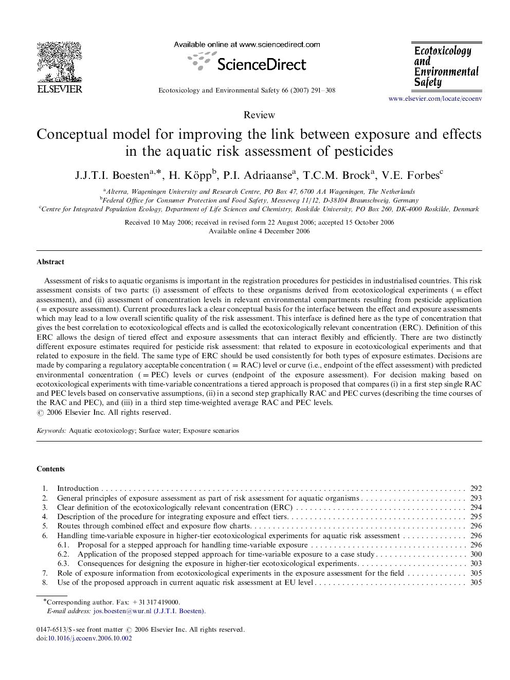 Conceptual model for improving the link between exposure and effects in the aquatic risk assessment of pesticides