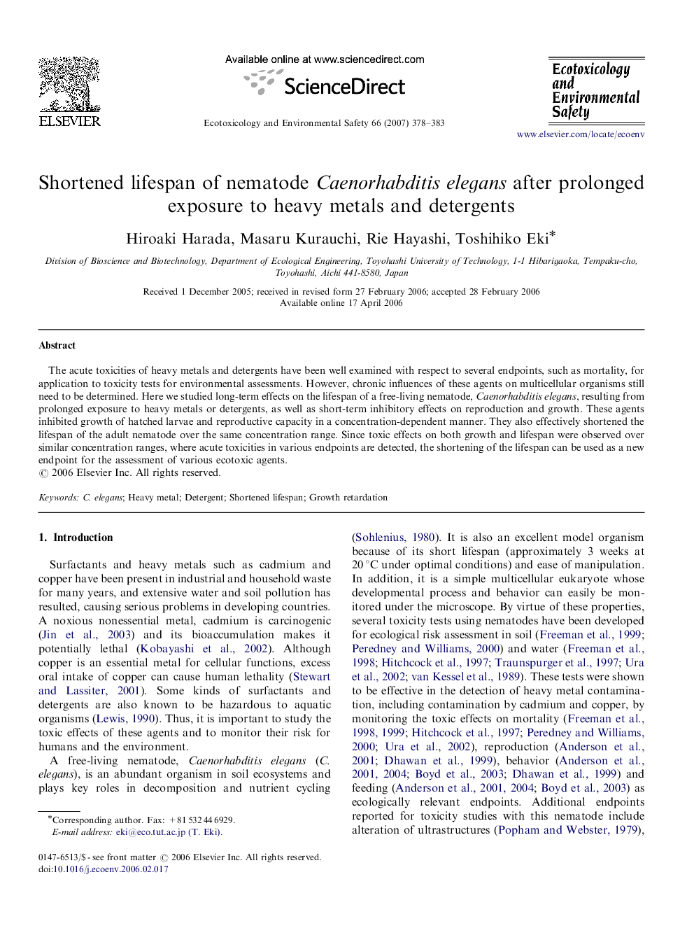 Shortened lifespan of nematode Caenorhabditis elegans after prolonged exposure to heavy metals and detergents