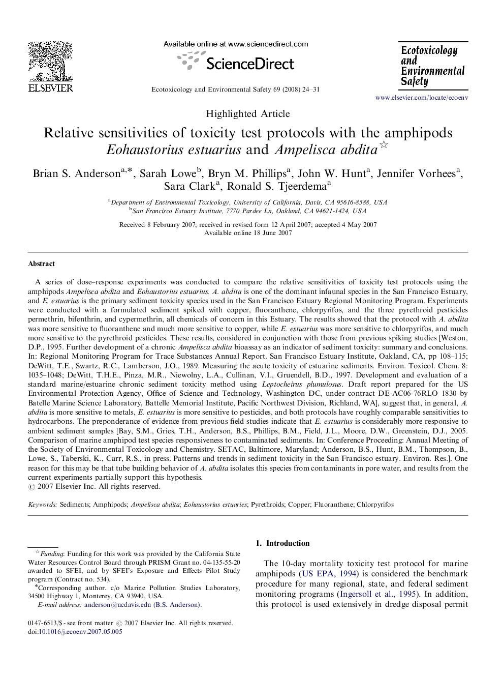 Relative sensitivities of toxicity test protocols with the amphipods Eohaustorius estuarius and Ampelisca abdita 