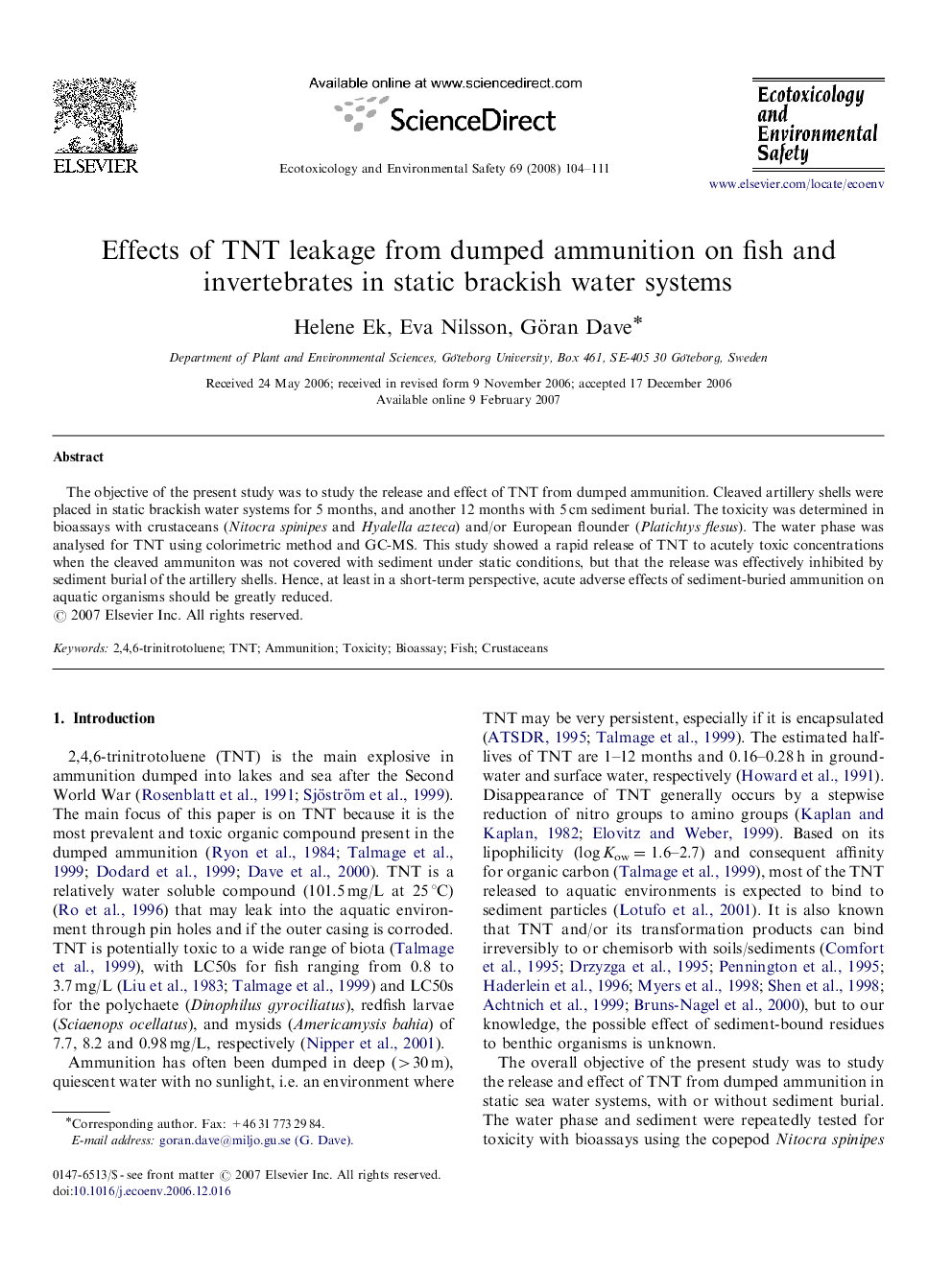 Effects of TNT leakage from dumped ammunition on fish and invertebrates in static brackish water systems