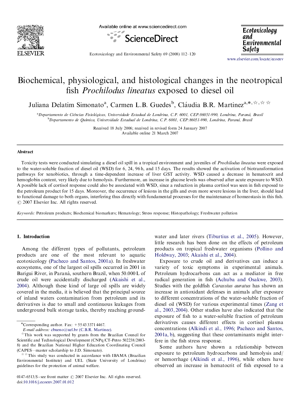 Biochemical, physiological, and histological changes in the neotropical fish Prochilodus lineatus exposed to diesel oil