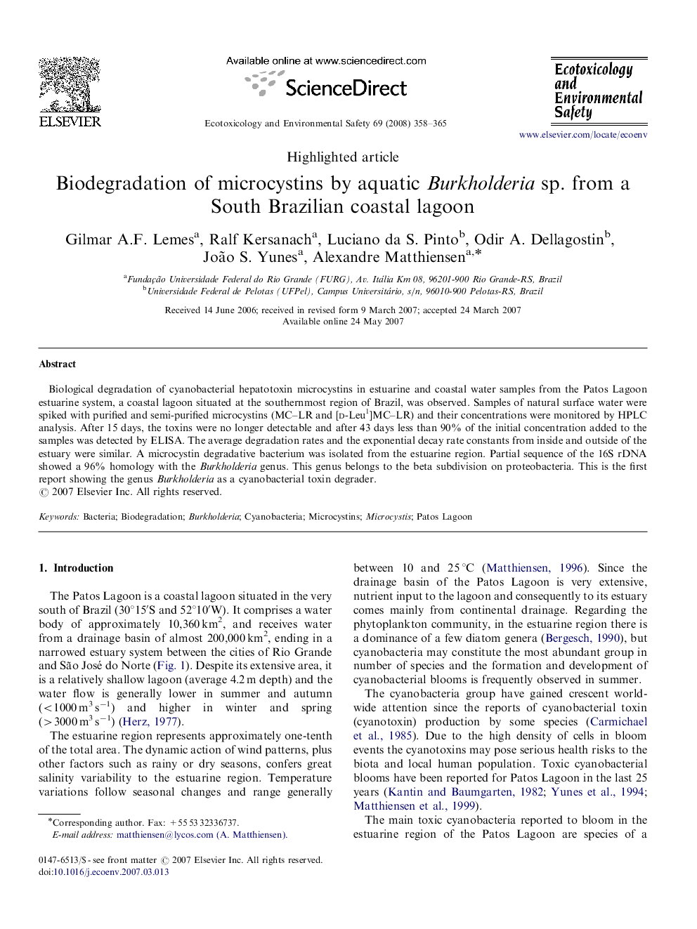 Biodegradation of microcystins by aquatic Burkholderia sp. from a South Brazilian coastal lagoon