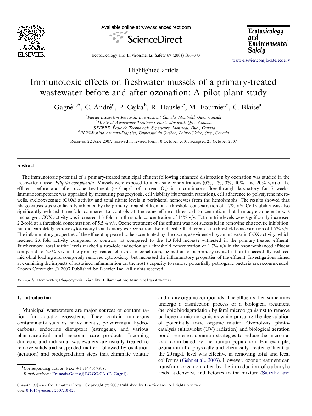 Immunotoxic effects on freshwater mussels of a primary-treated wastewater before and after ozonation: A pilot plant study