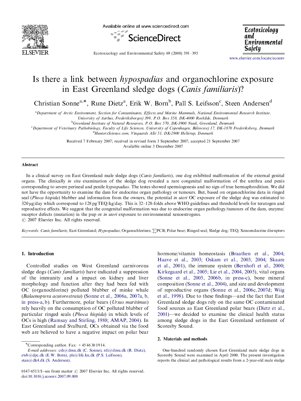 Is there a link between hypospadias and organochlorine exposure in East Greenland sledge dogs (Canis familiaris)?