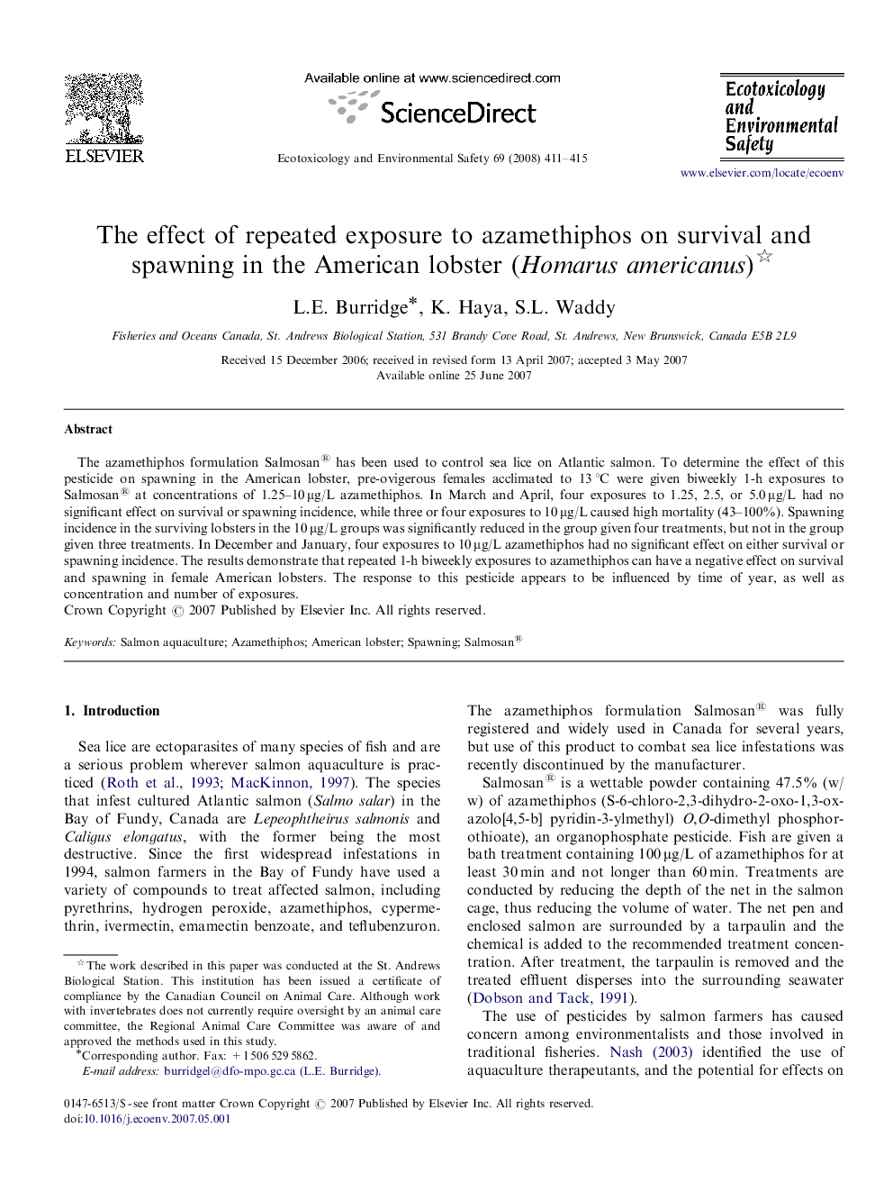 The effect of repeated exposure to azamethiphos on survival and spawning in the American lobster (Homarus americanus) 