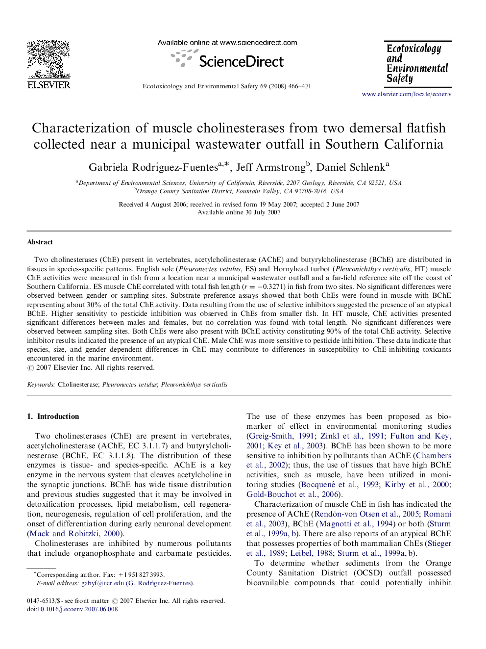 Characterization of muscle cholinesterases from two demersal flatfish collected near a municipal wastewater outfall in Southern California